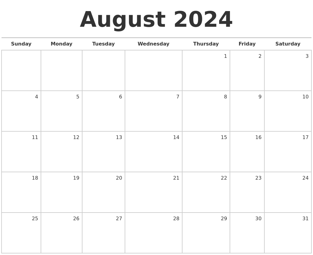 August 2024 Blank Monthly Calendar