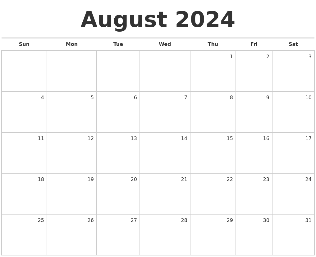 Blank August 2024 Calendar Editable