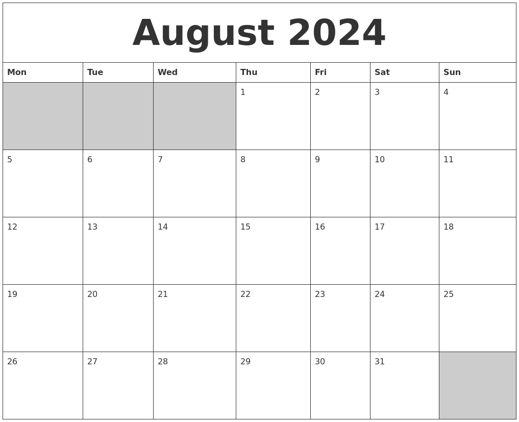 August 2024 Blank Printable Calendar