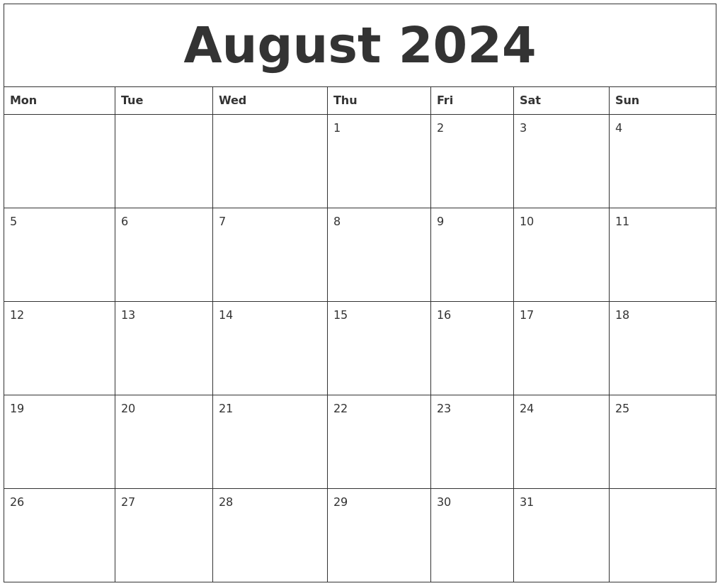 August 2024 Calendar Monthly