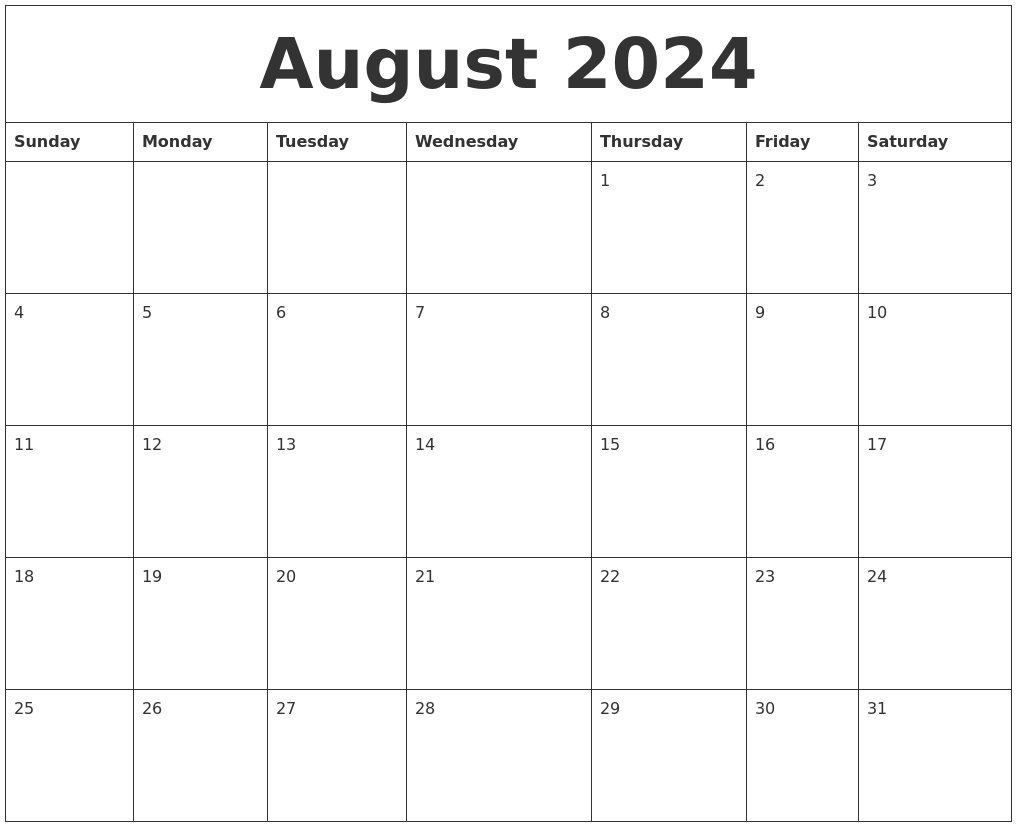 August 2024 Print Monthly Calendar