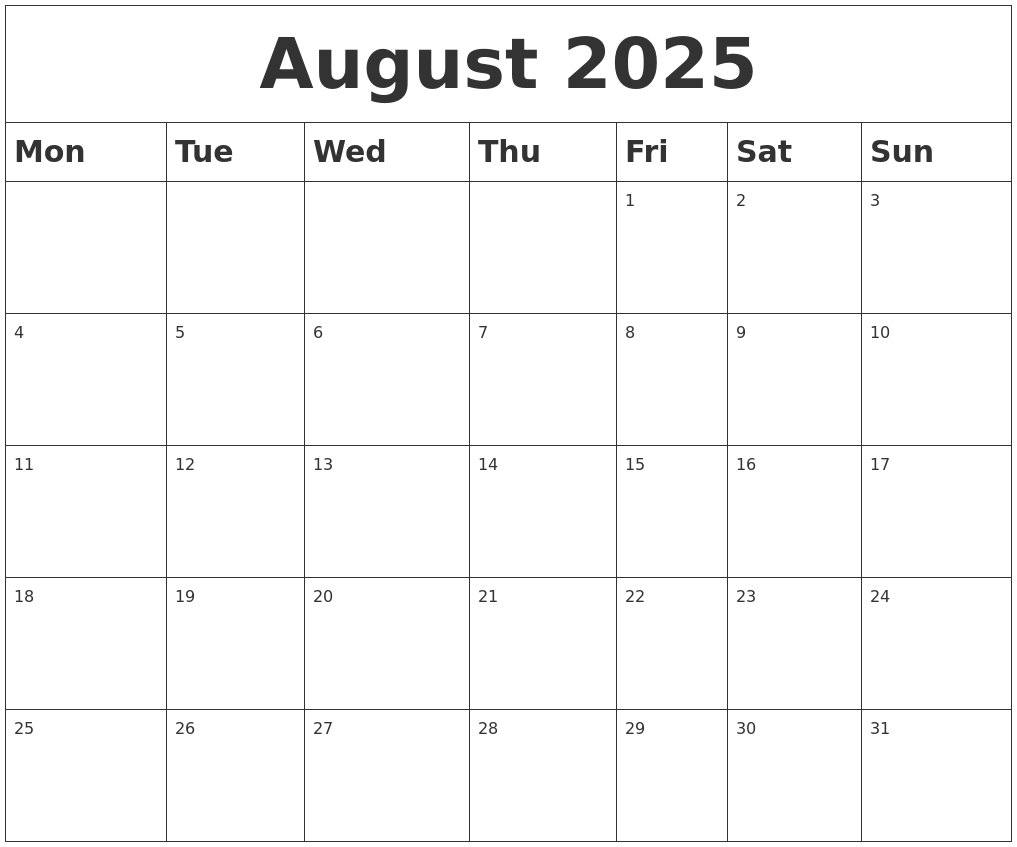 August 2025 Blank Calendar