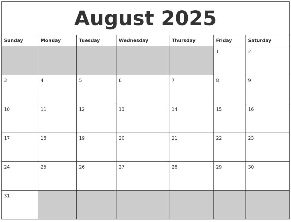 August 2025 Blank Printable Calendar