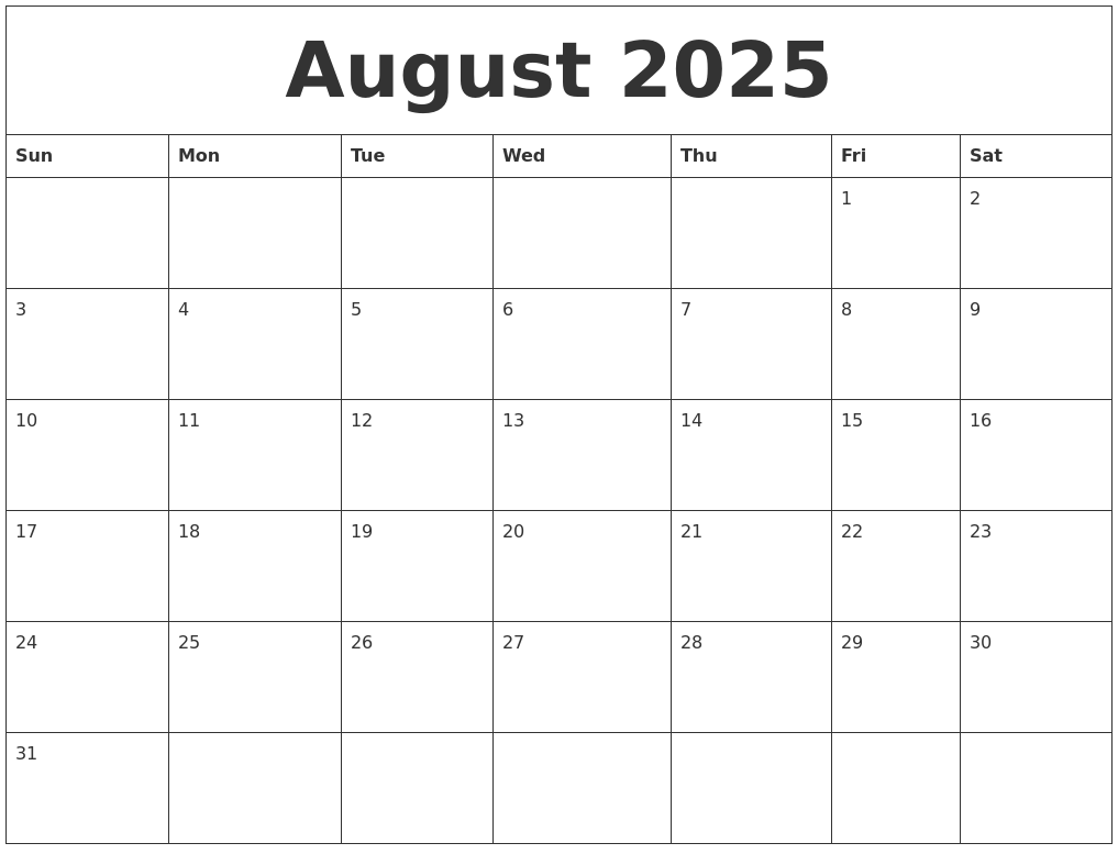 August 2025 Calendar For Printing