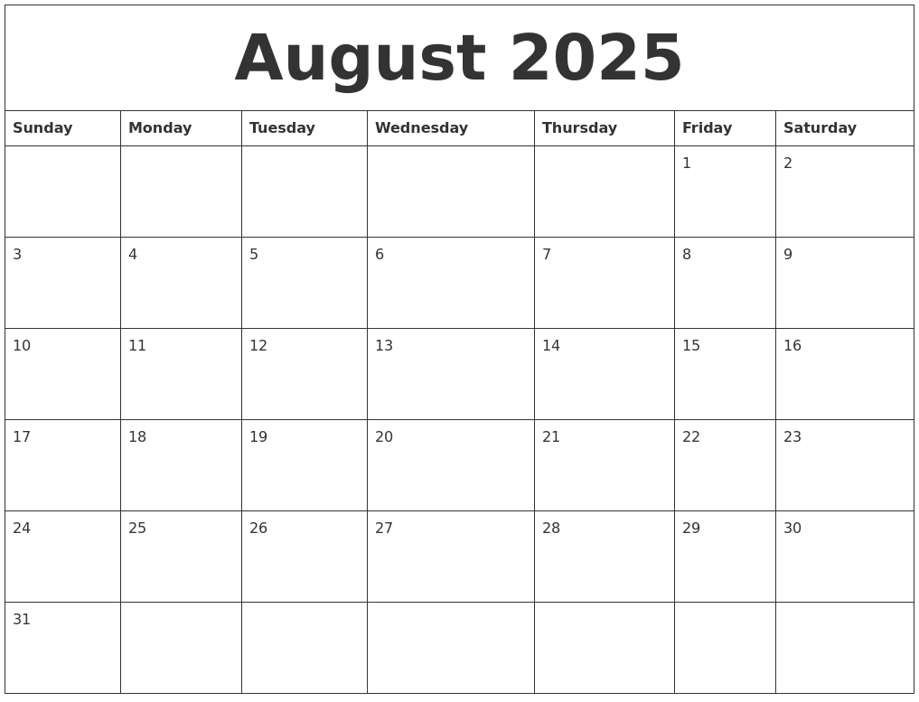 August 2025 Calendar Monthly