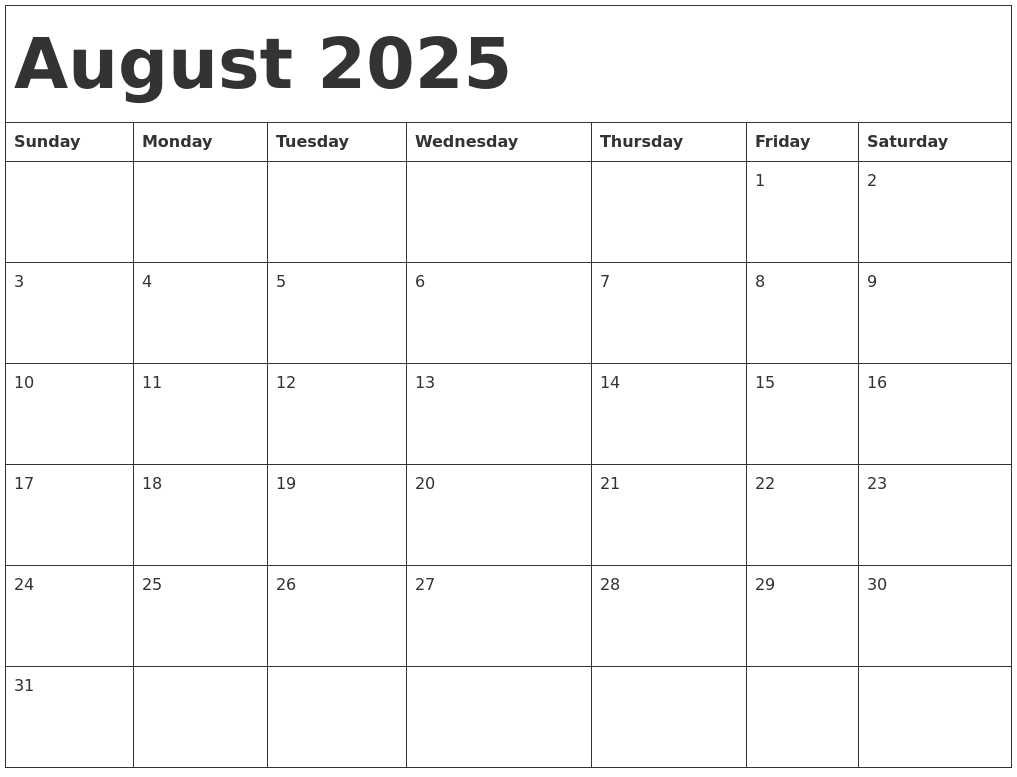 August 2025 Calendar Template