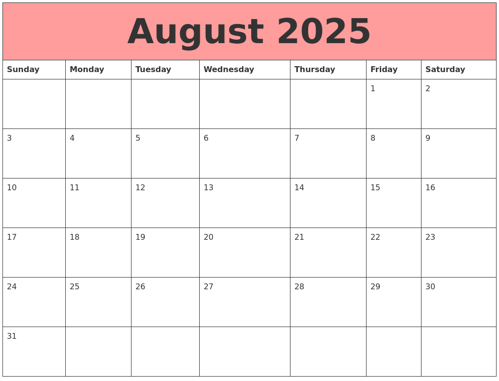 August 2025 Calendar Free Printable 2025