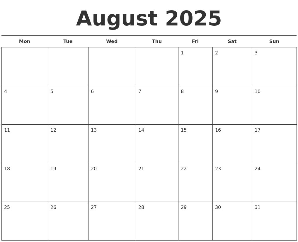 August 2025 Free Calendar Template