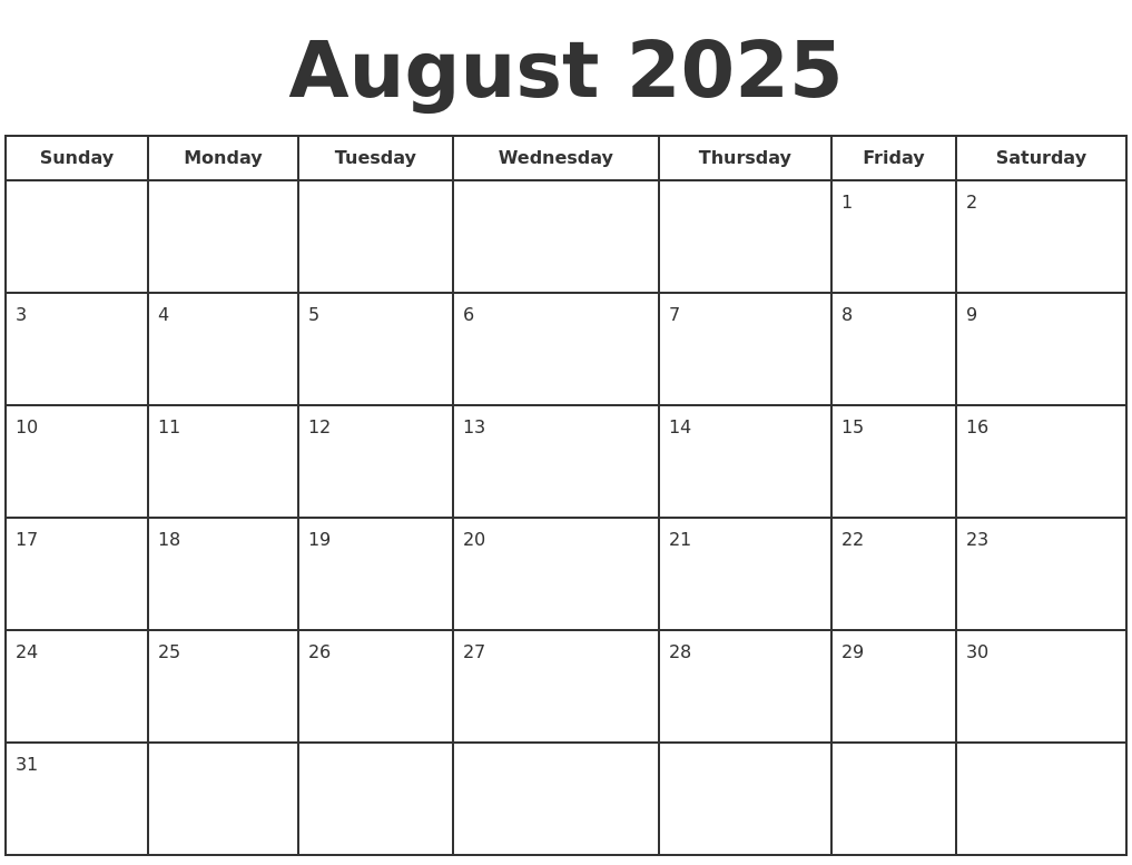 August 2025 Print A Calendar