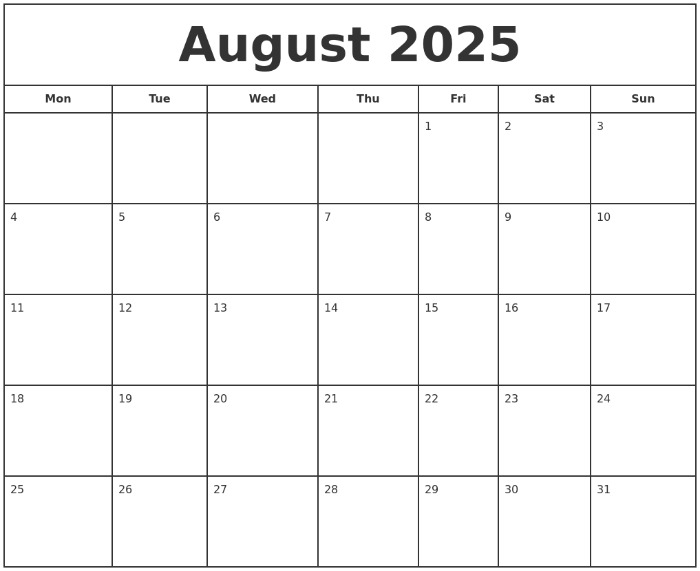 August 2025 Print Free Calendar