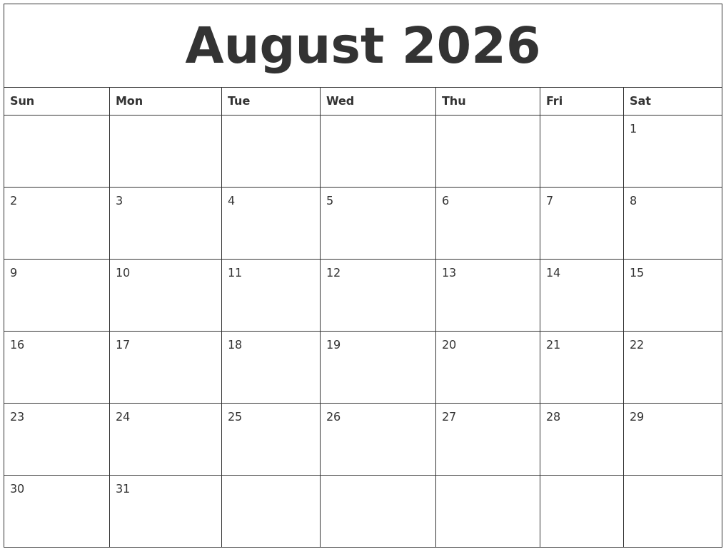 August 2026 Blank Monthly Calendar Pdf