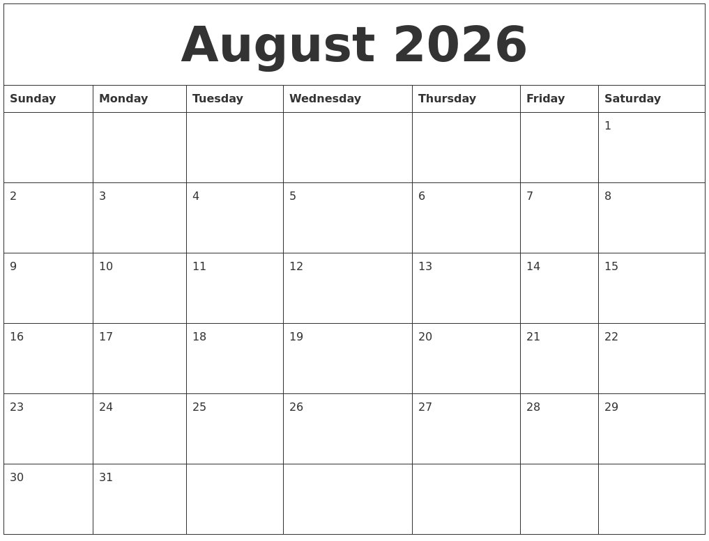 August 2026 Calendar Monthly