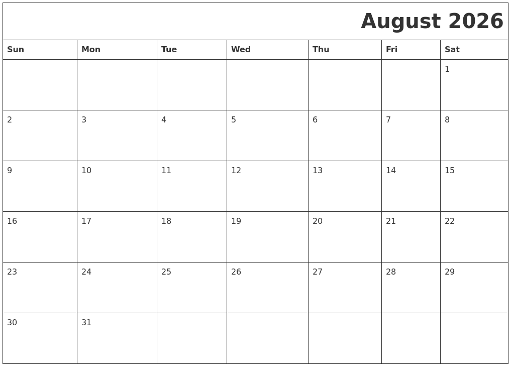 August 2026 Download Calendar