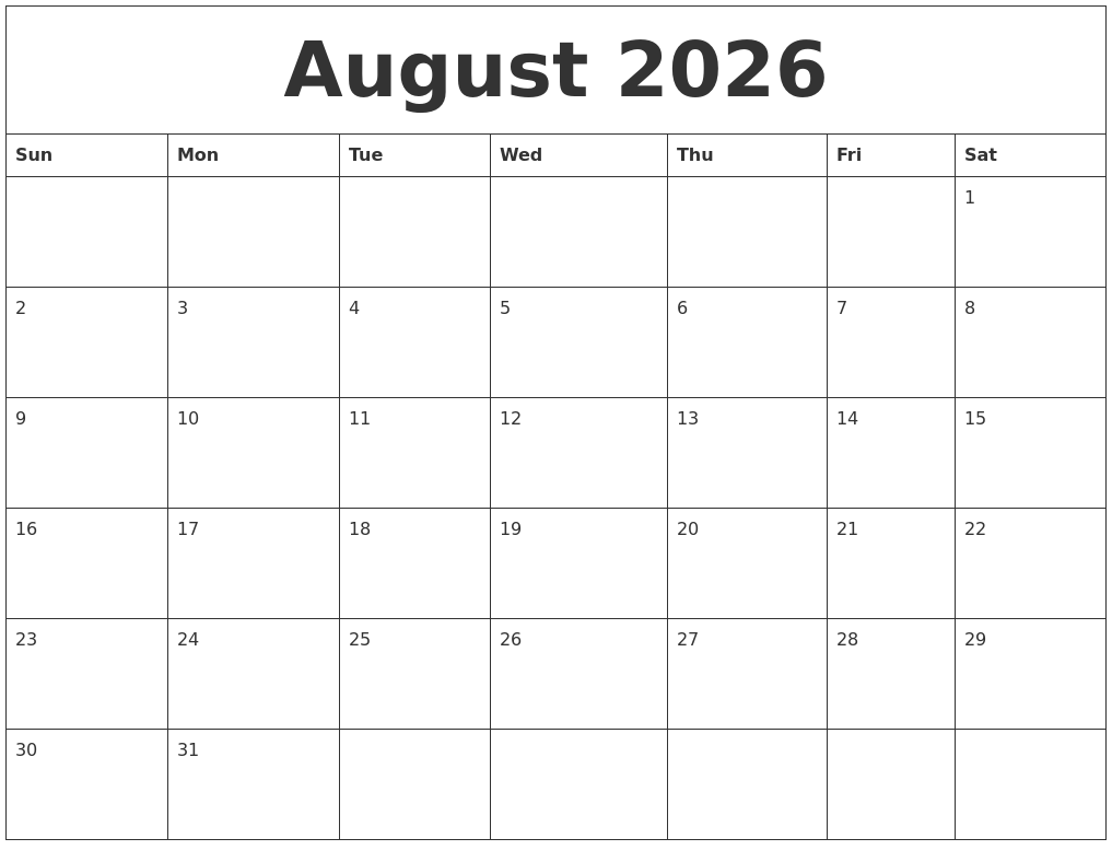 August 2026 Free Monthly Calendar Template