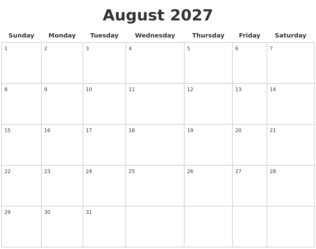 August 2027 Blank Calendar Pages