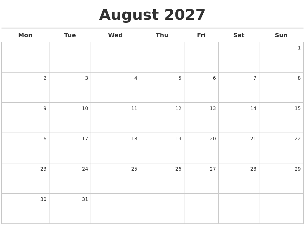 August 2027 Calendar Maker