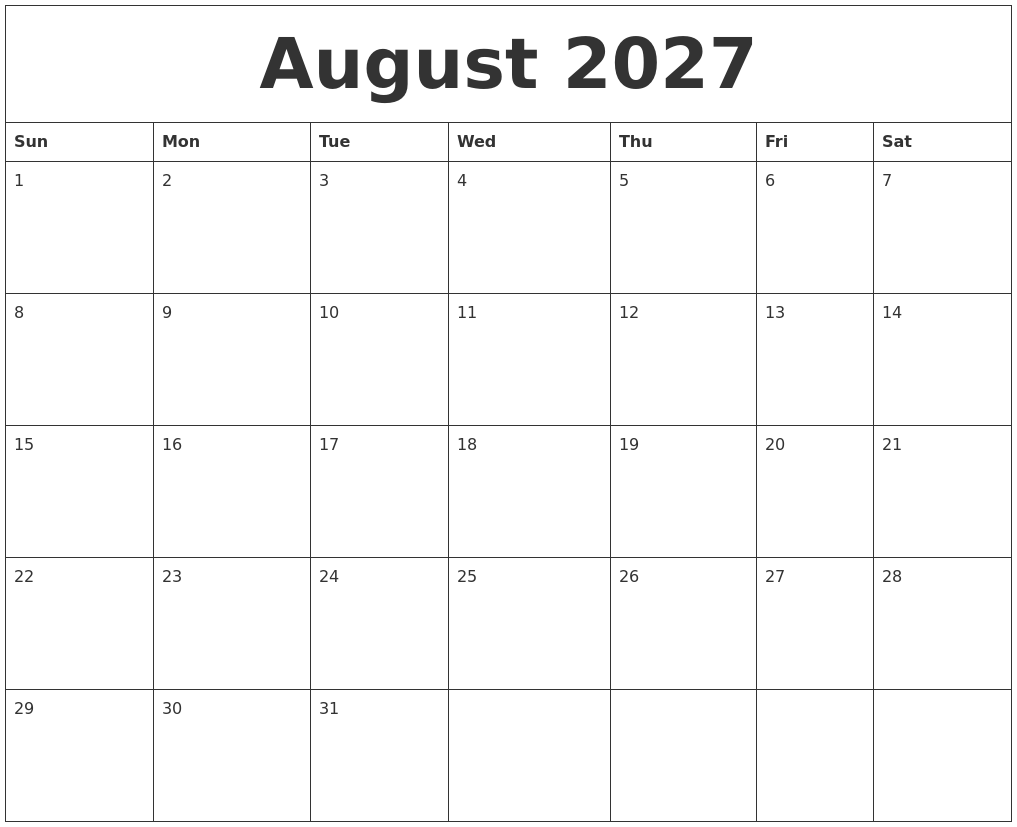 August 2027 Free Monthly Calendar Template
