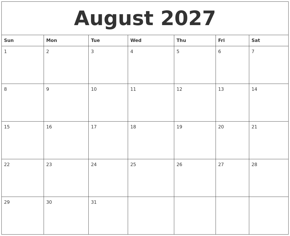 August 2027 Large Printable Calendar