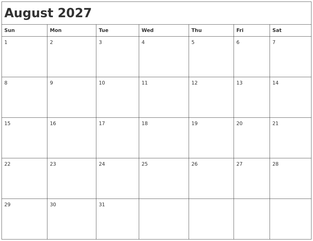 August 2027 Month Calendar