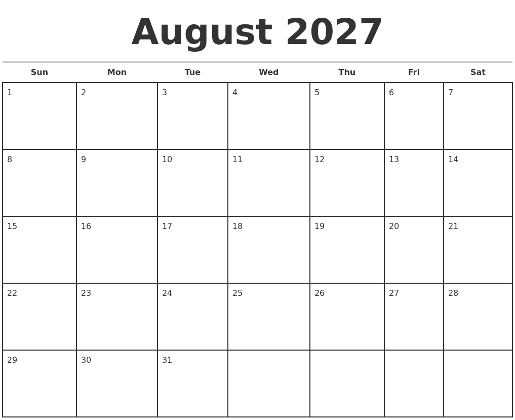 August 2027 Monthly Calendar Template