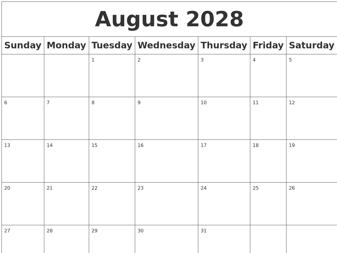 August 2028 Blank Calendar