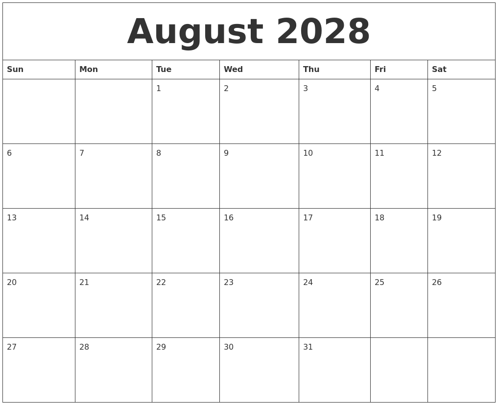 August 2028 Blank Monthly Calendar Pdf