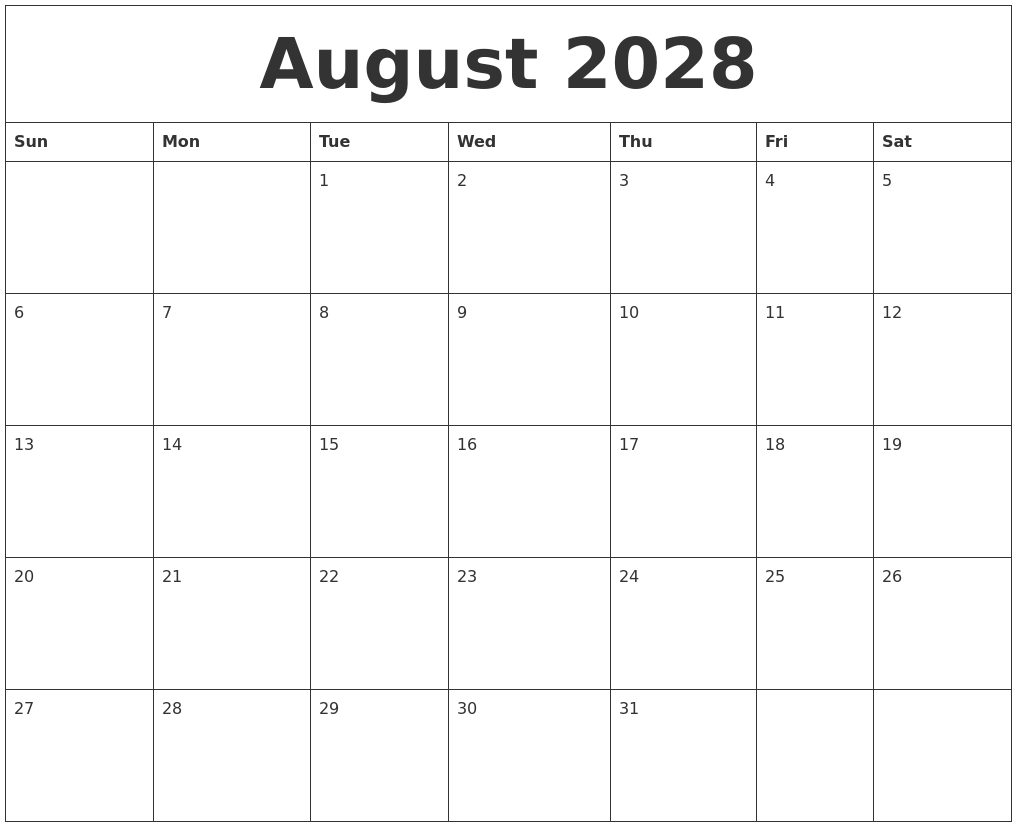 August 2028 Calendar For Printing