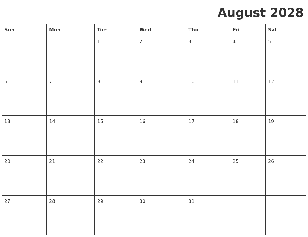 August 2028 Download Calendar