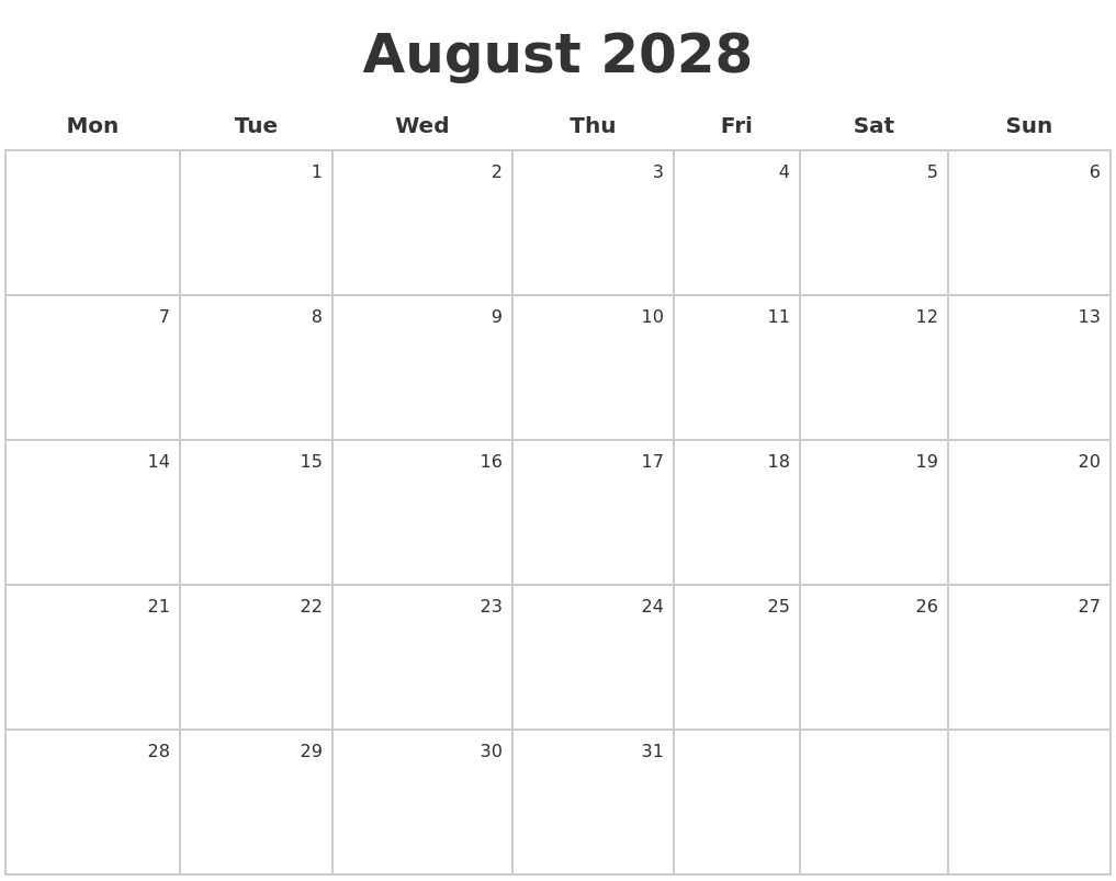August 2028 Make A Calendar
