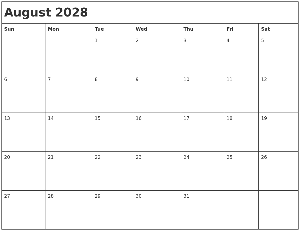 August 2028 Month Calendar
