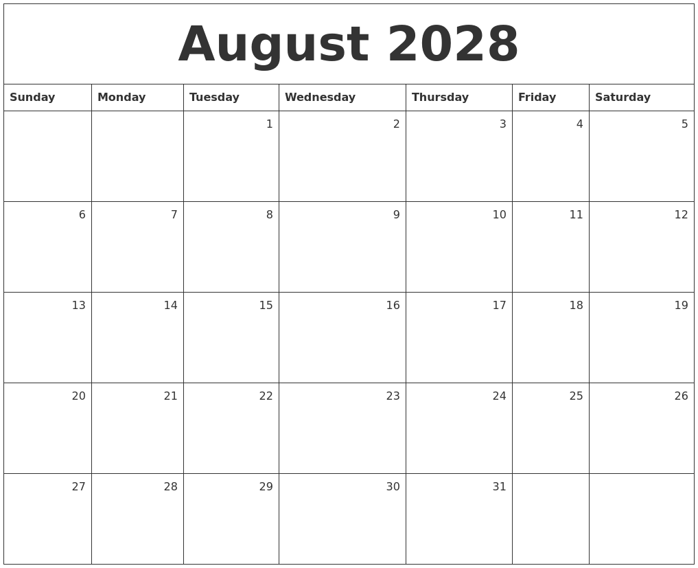 August 2028 Monthly Calendar