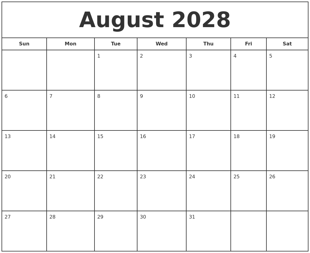 August 2028 Print Free Calendar
