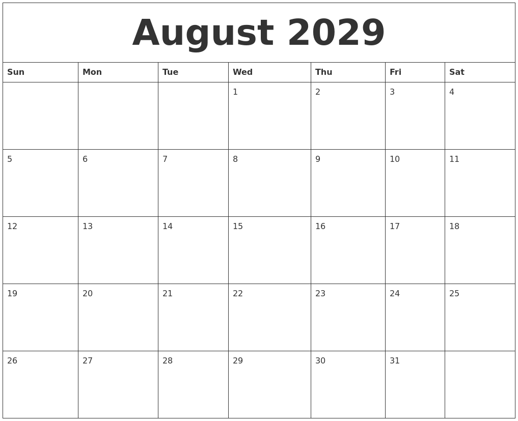 August 2029 Blank Monthly Calendar Template