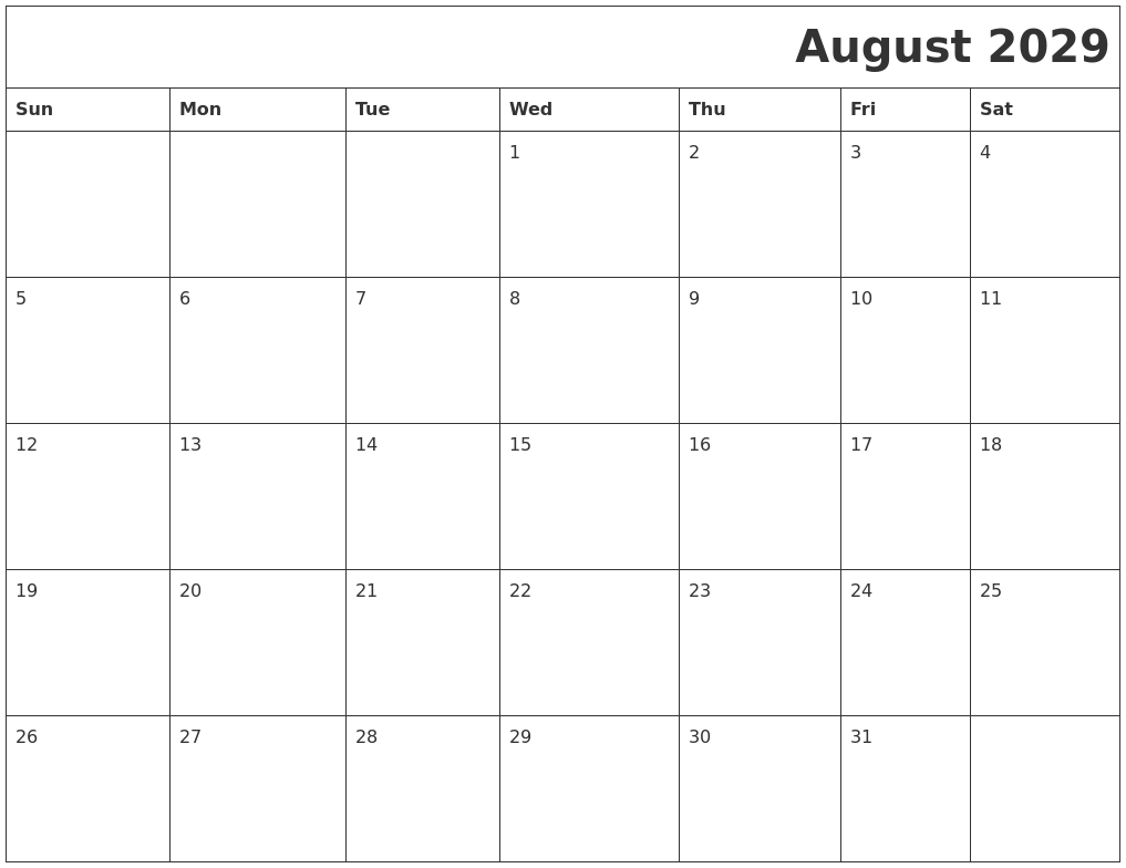 August 2029 Download Calendar