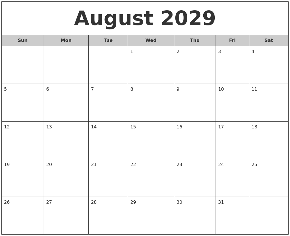 August 2029 Free Monthly Calendar