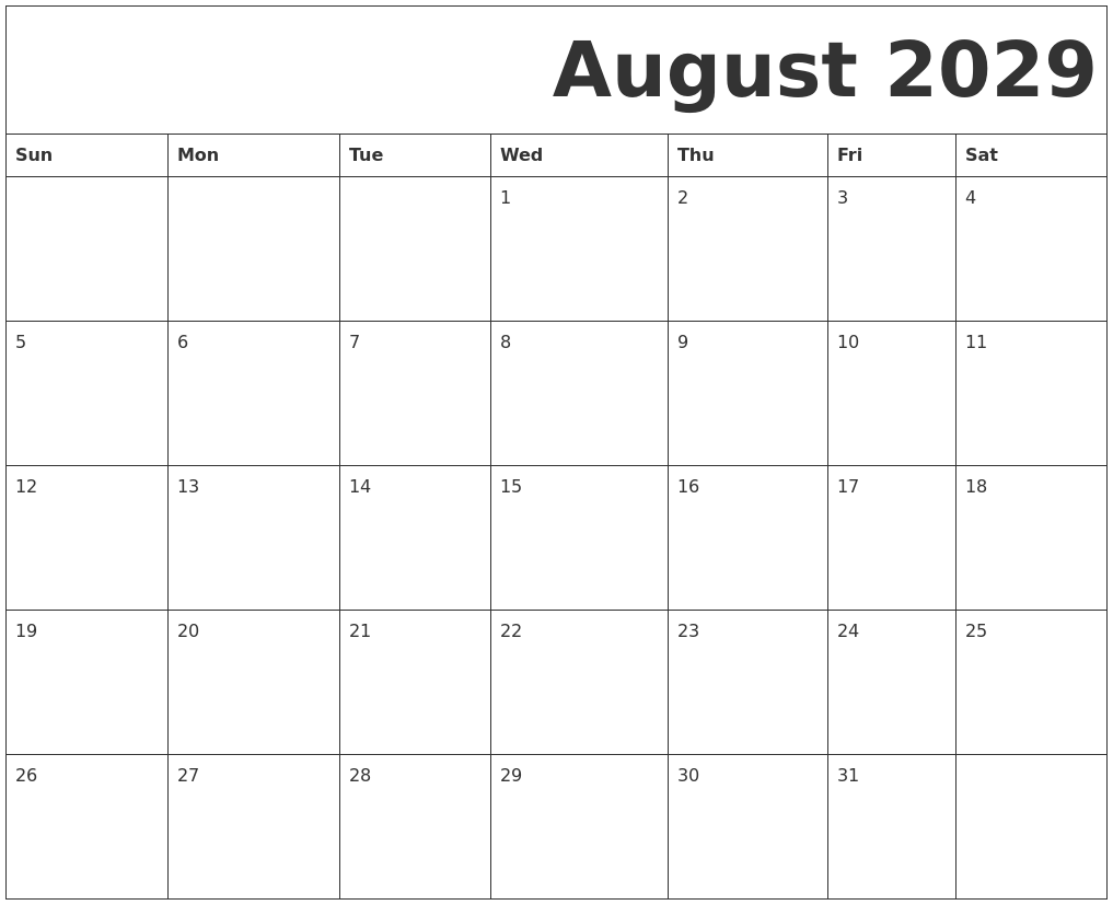 August 2029 Free Printable Calendar