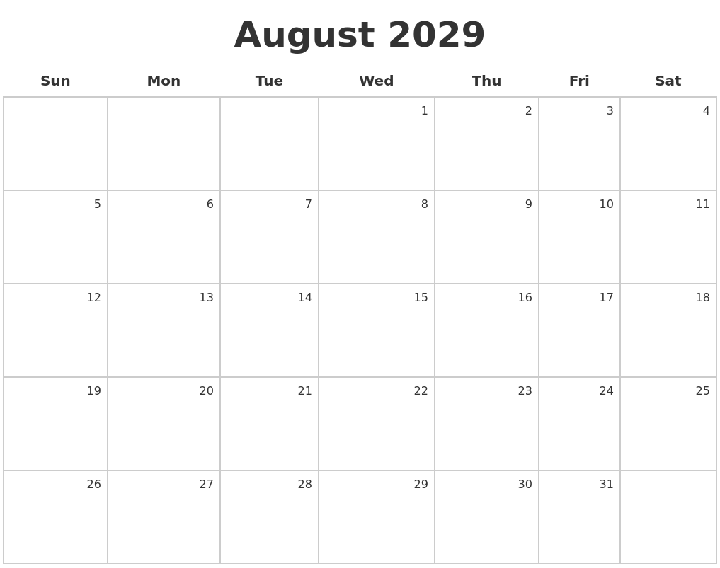 August 2029 Make A Calendar