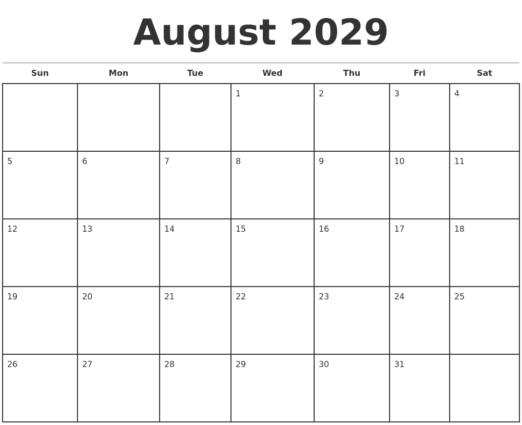 August 2029 Monthly Calendar Template
