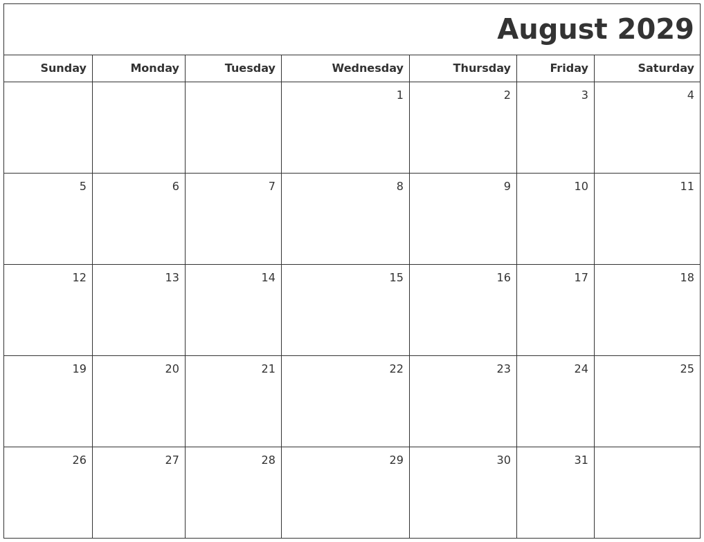 August 2029 Printable Blank Calendar