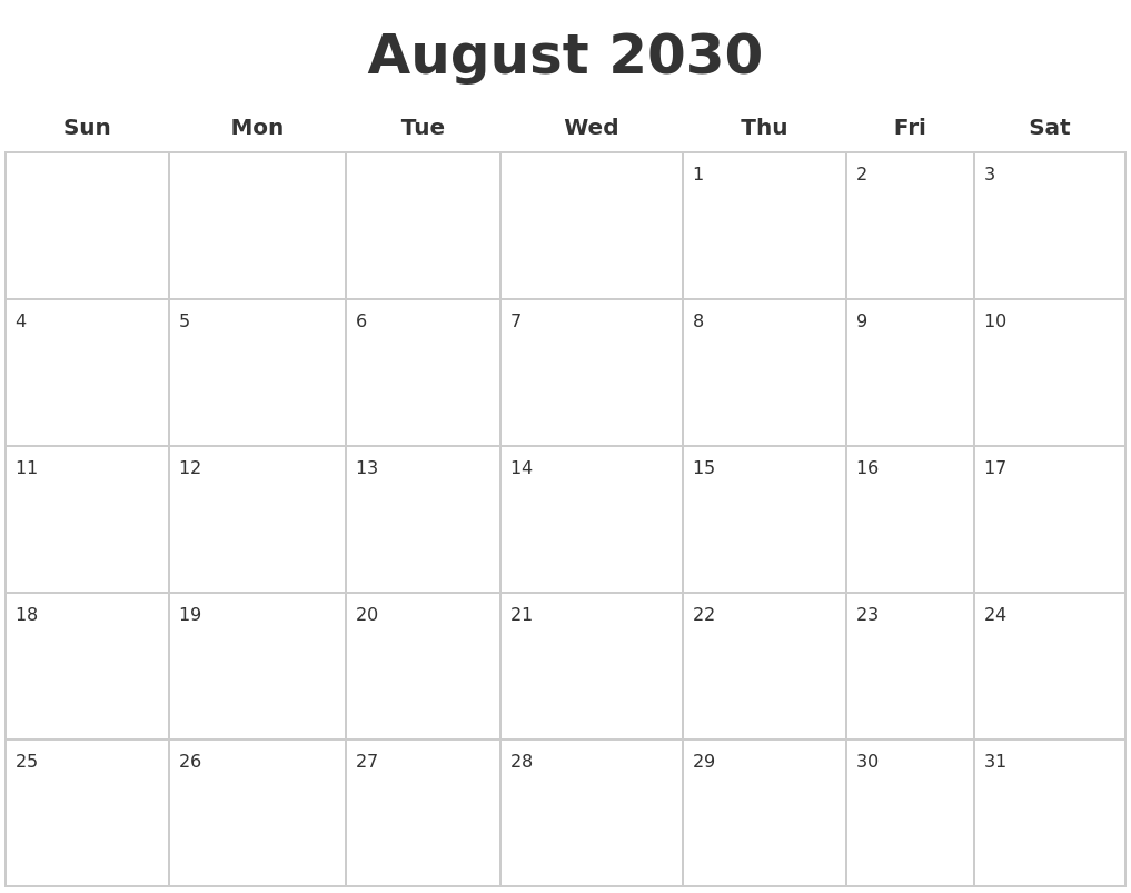 August 2030 Blank Calendar Pages