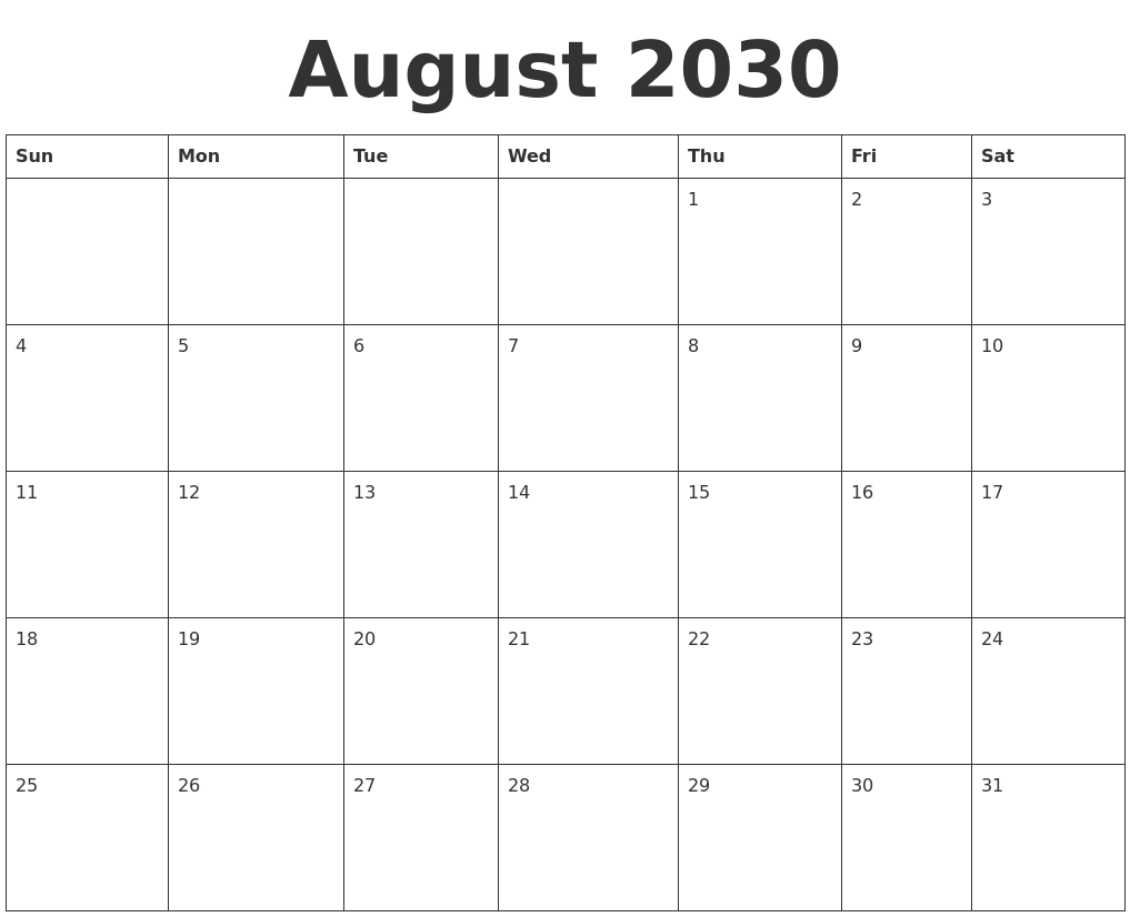 August 2030 Blank Calendar Template