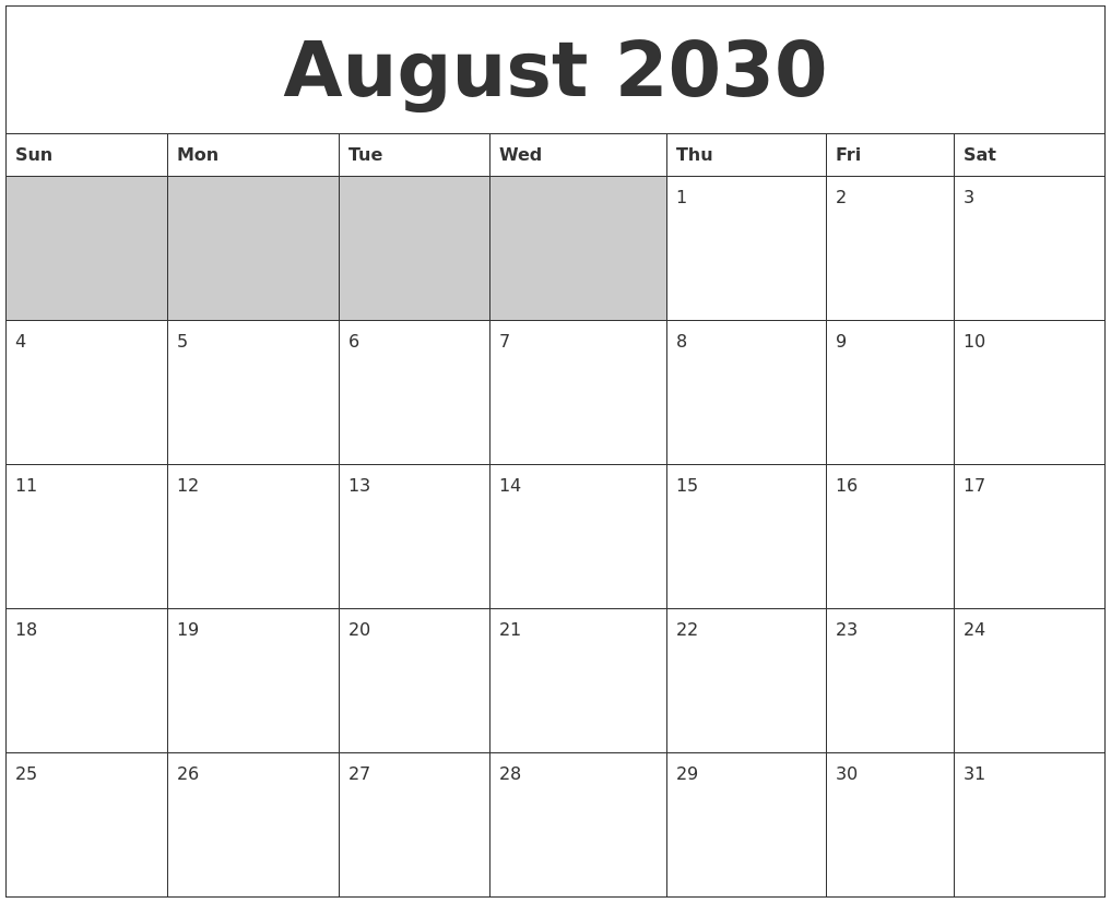 August 2030 Blank Printable Calendar