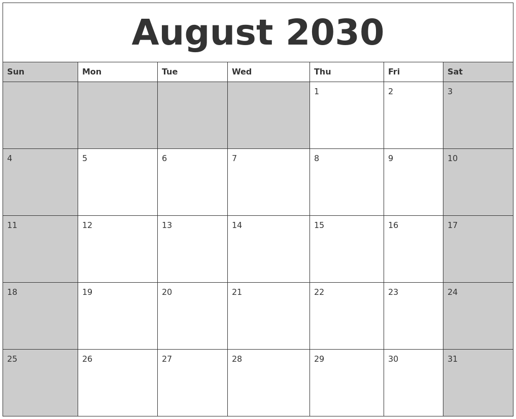 August 2030 Calanders