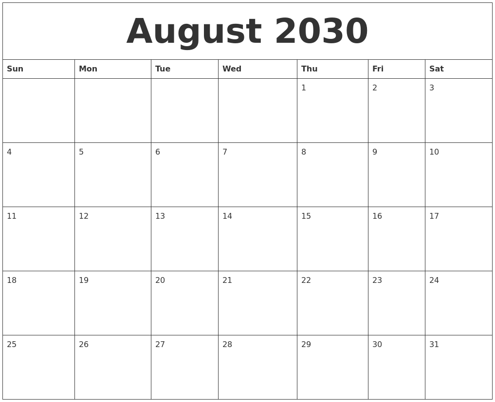 August 2030 Calendar For Printing