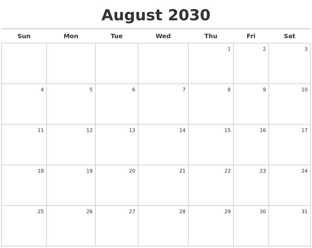 August 2030 Calendar Maker