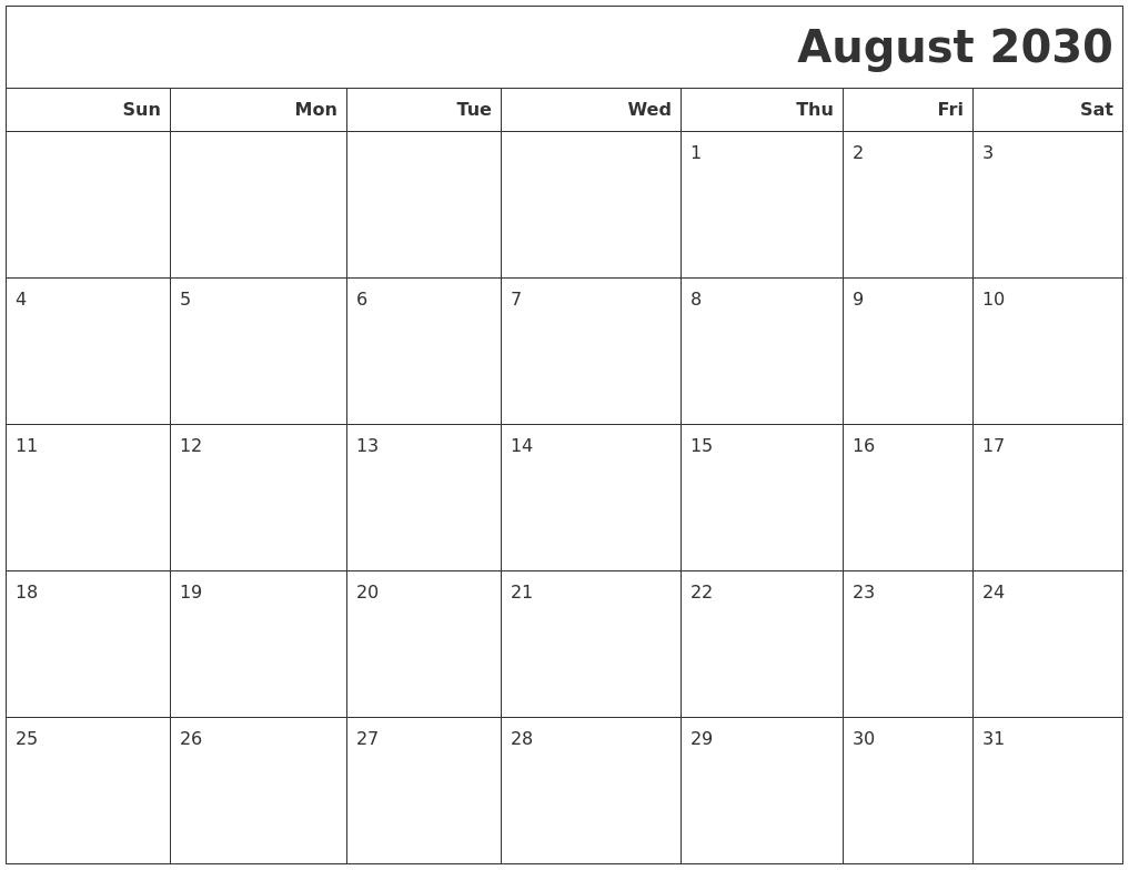 August 2030 Calendars To Print