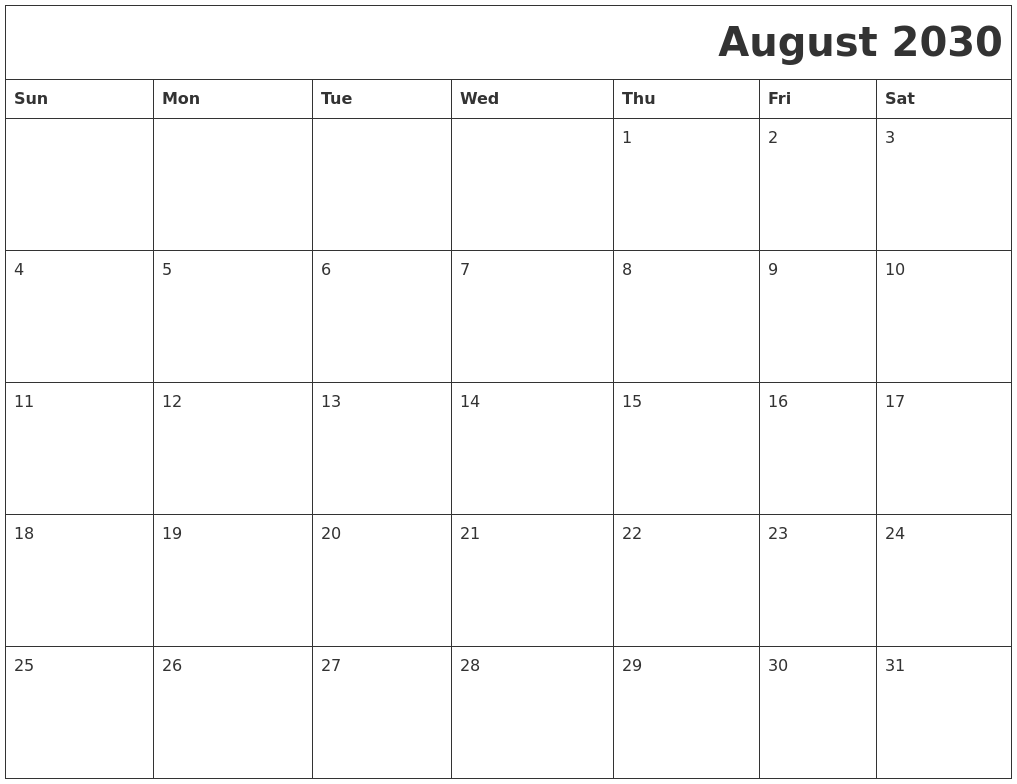 August 2030 Download Calendar