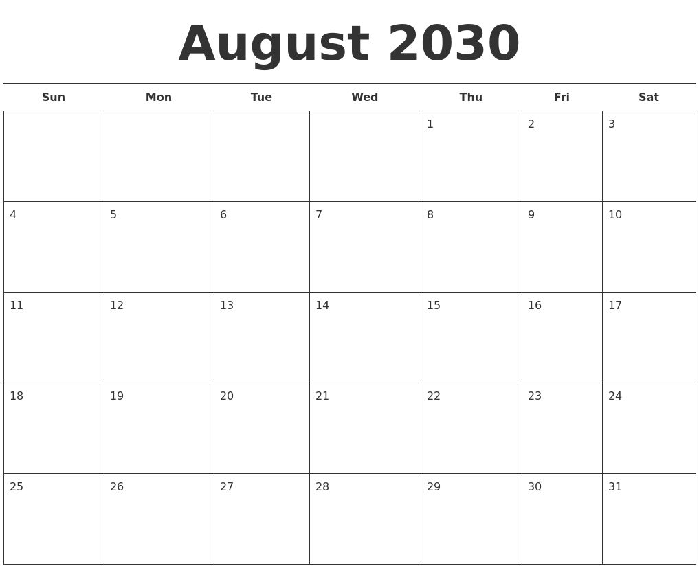 August 2030 Free Calendar Template