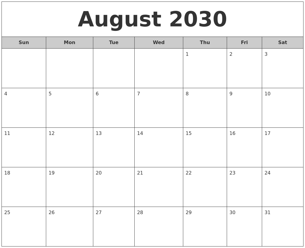 August 2030 Free Monthly Calendar