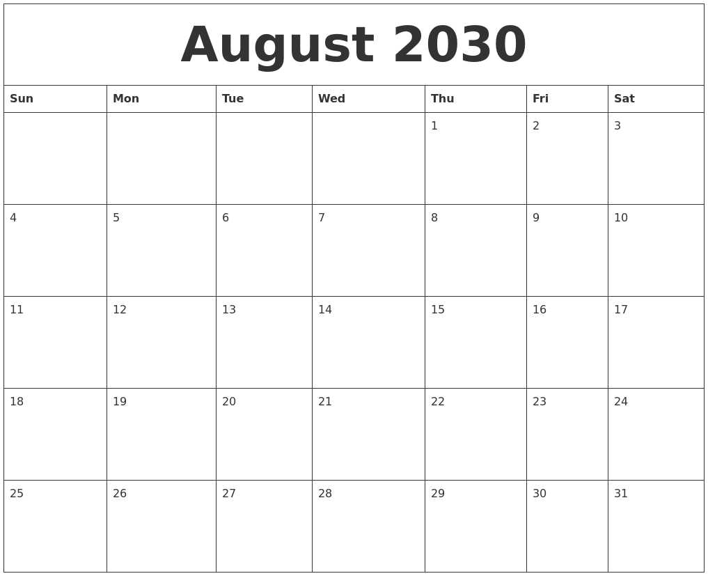 August 2030 Free Printable Weekly Calendar